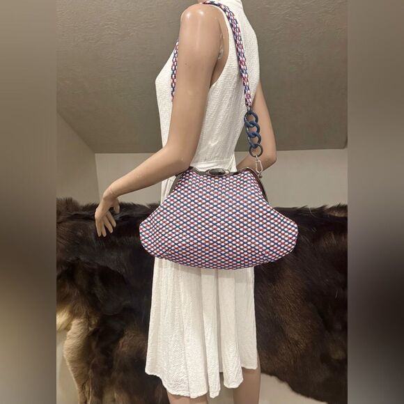 Original design! Unique Handmade Woven Lambskin Custom Metal Frame Boho Handbag - Picture 6 of 16